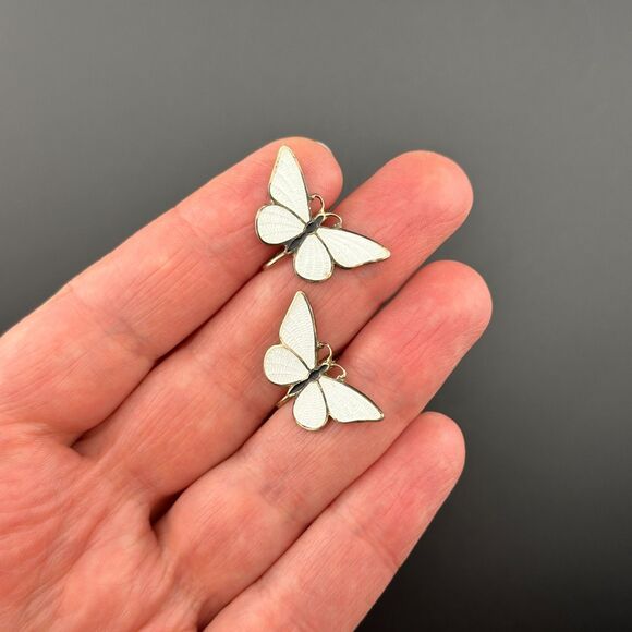 Vintage Silver-tone White Black Guilloche Enamel Butterfly Earrings Screw Back - Picture 6 of 10